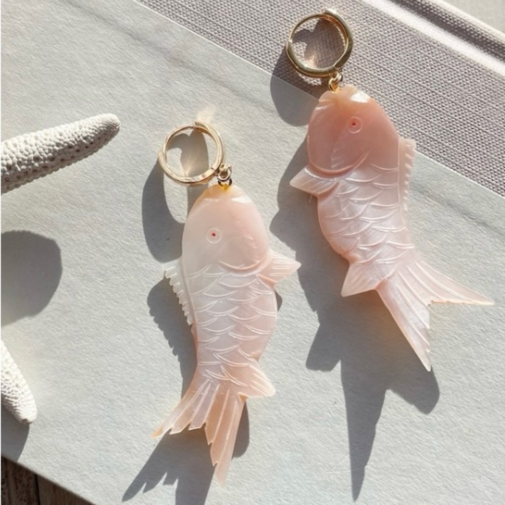 Beautiful iridescent shell carved koi earrings